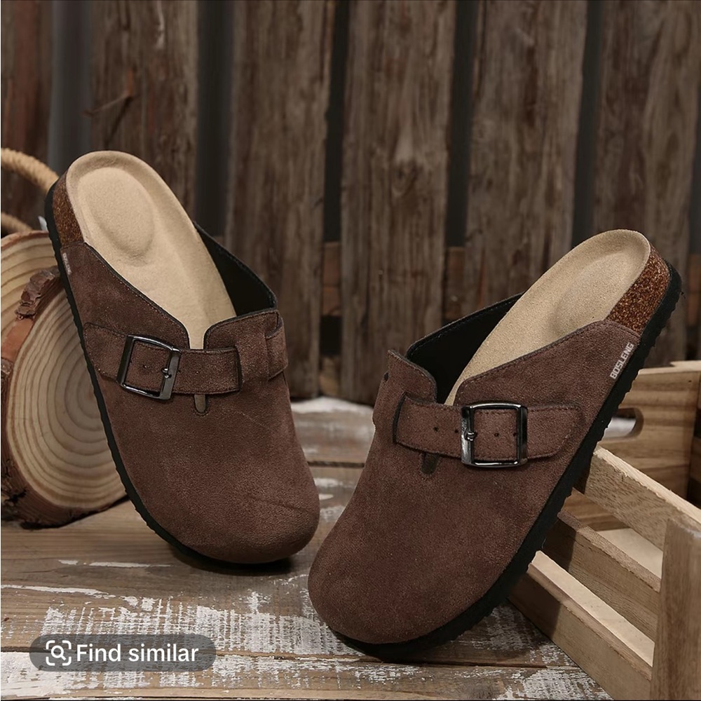 Brown Sueded Slip-On Clogs with Buckle